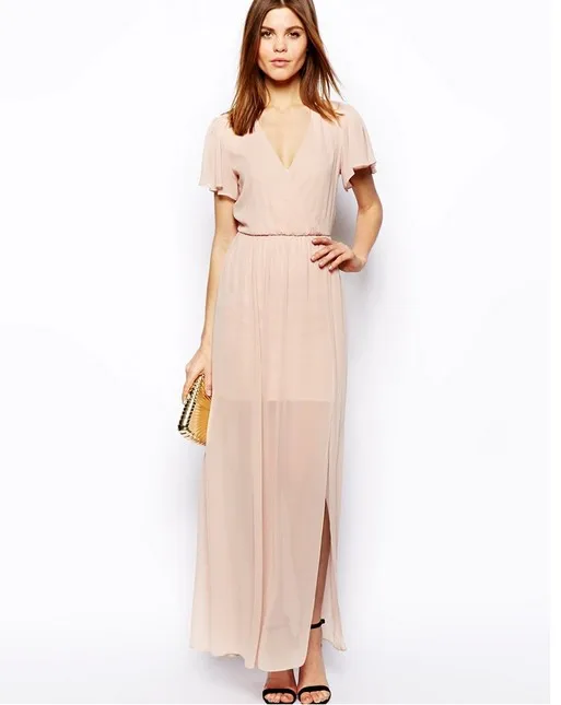 Женские шифоновые платья с коротким рукавом и v-образным вырезом длинные летние