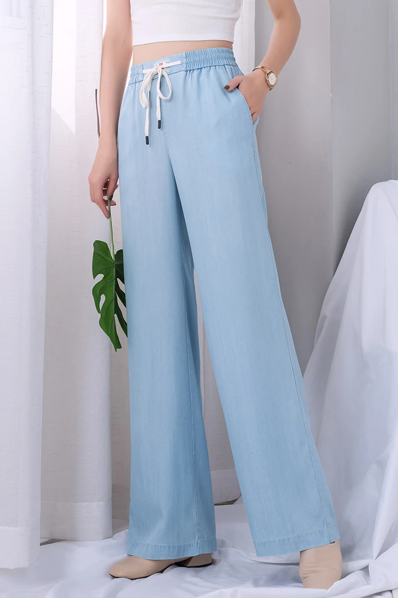 Tencel джинсы широкие брюки женские синие летние 2019 эластичные высокая талия