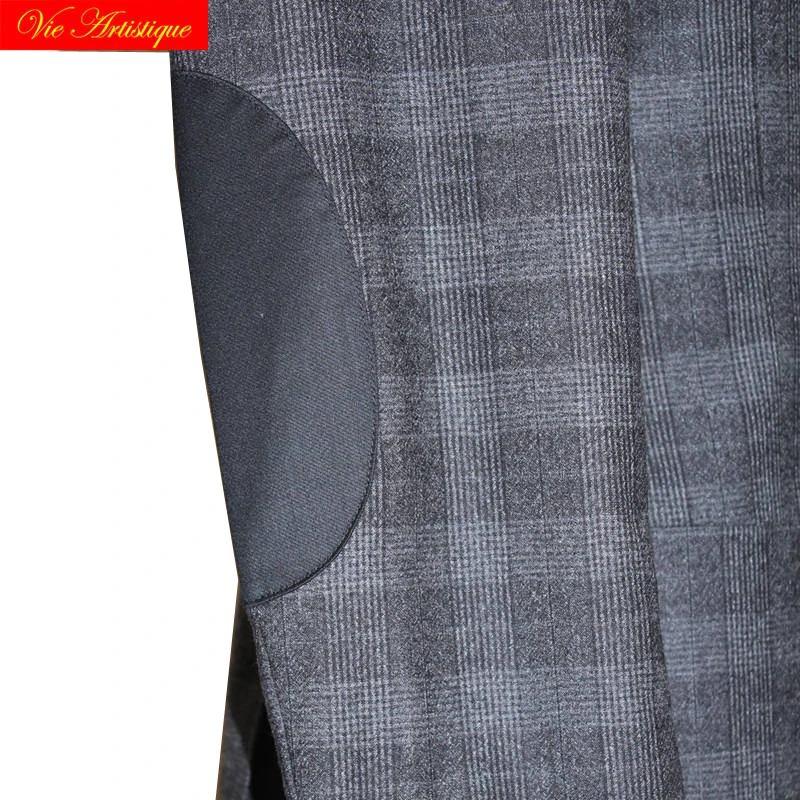 custom tailor made suits 3 pieces jacket pant vest Worsted wool Men's groom tuxedos slim fit wedding grey whales plaid lattices