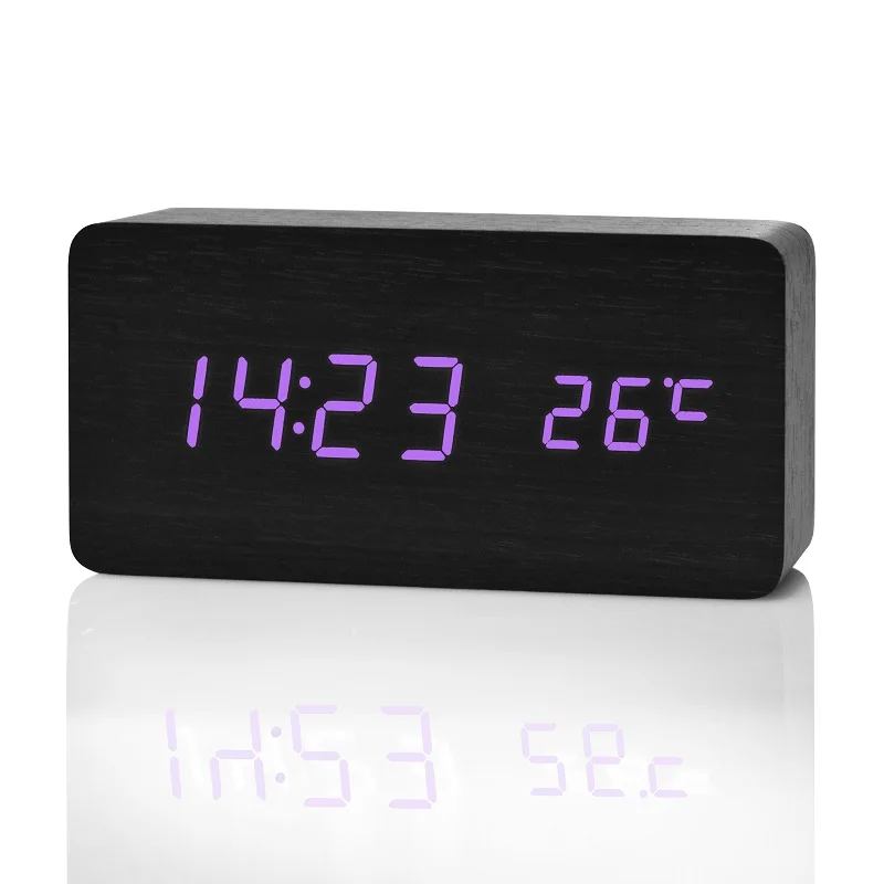 black purple Suncree Деревянный цифровой светодиодный Будильник reloj despertador контроль звука температура электронный стол настольные часы - Цвет: black purple