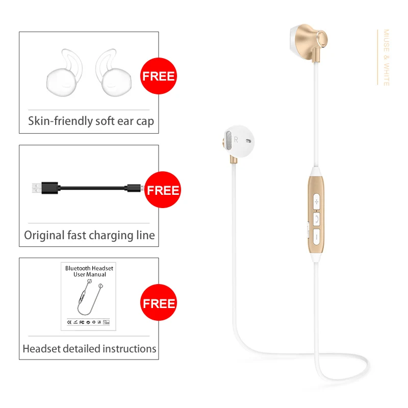 Picun H2 Bluetooth наушники с микрофоном спортивные беговые беспроводные наушники бас стерео Bluetooth гарнитура для iPhone Xiaomi Спорт - Цвет: White gold