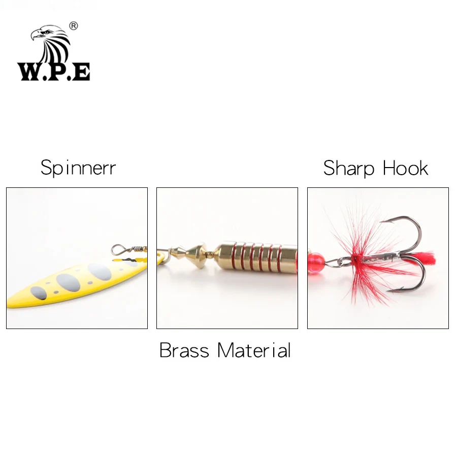 W.P.E New Spinner Lure Hard Bait 1pcs 6.5g/10g/13.5g Spoon Lure Metal Lure Feather Treble Hook Fishing Tackle Bass Fishing Pesca