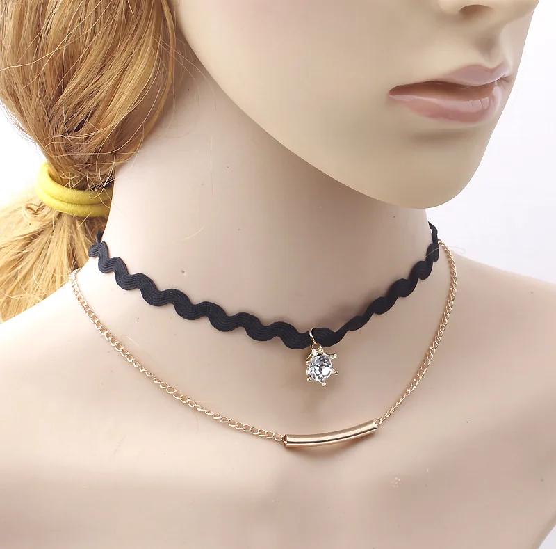 Knock простой двойной Слои черный бархат веревка сверкающий кристалл Ложные