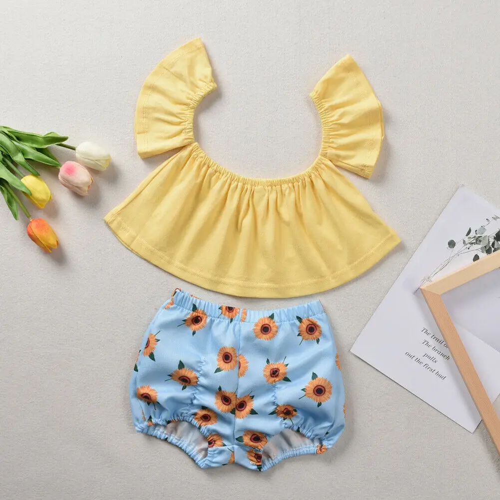 Комплекты летней одежды из 2 предметов для маленьких девочек желтые топы с
