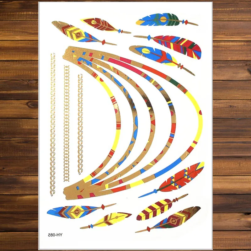 Y XLWN цветные перьевые временные татуировки наклейки металлические золотые