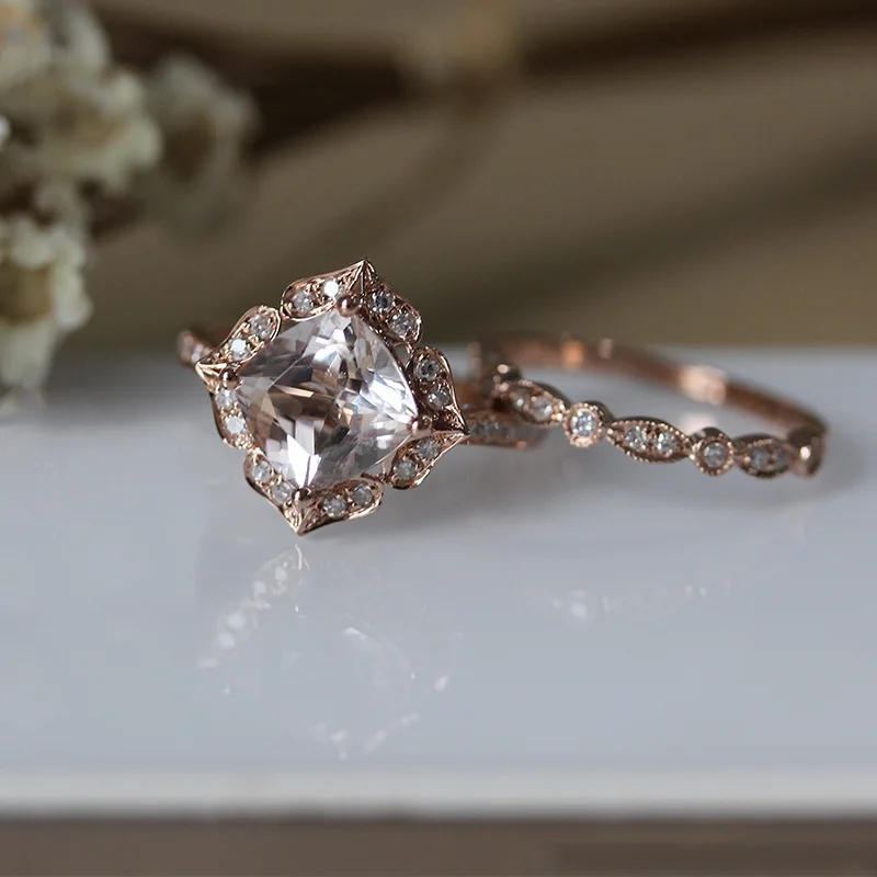 DUPUY 7mm Cushion Cut Classic Engagement Ring Half Eternity Pave Setting Wedding 2PCS 14K Rose Gold Bride Suit D180377 | Украшения и