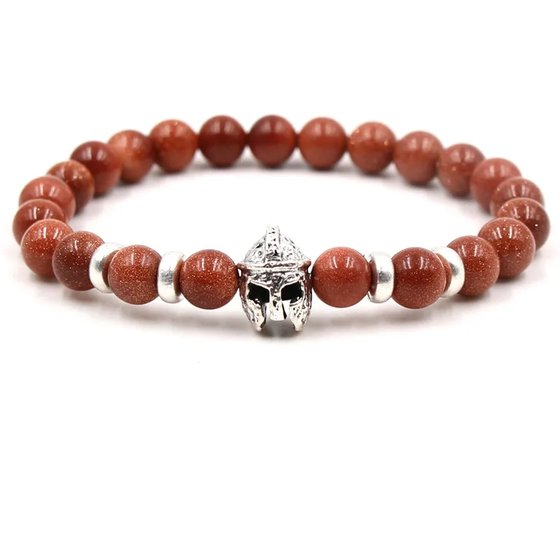 

HOBBORN Trendy Natural Stone Men Bracelet Tiger Eye Lapis Lazuli Sandstone Handmade Strand Spartan Helmet Bead Women Bracelets