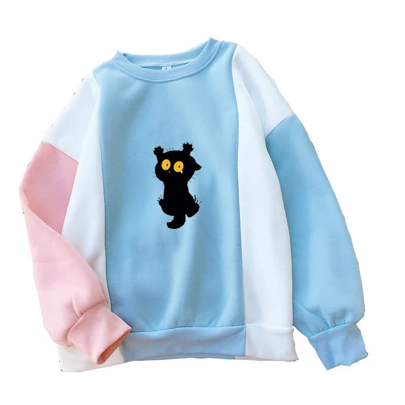 

Hoodies Women 2018 Autumn Fleece Harajuku Sweatshirt Long Sleeve Splicing Kawaii Cartoon Black Cat Print Tracksuits Moletom Tops
