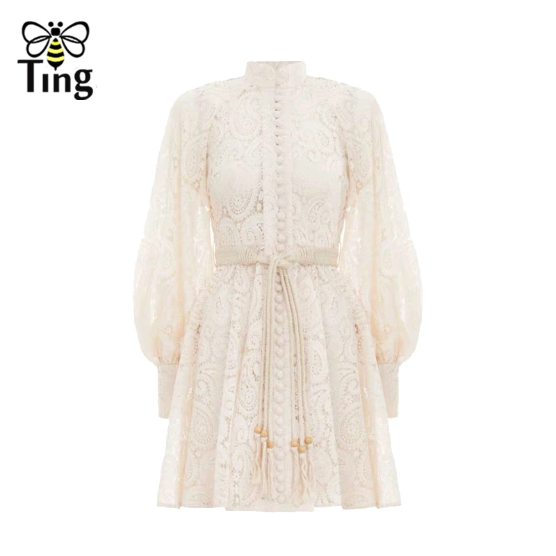 Beige Short Style Tingfly, подиум, дизайнерское, кружевное, миди, длинное платье, однобортное, на пуговицах, с вырезом, длинное, кружевное платье, Vestidos, Платья для вечеринок+ пояса - Цвет: Beige Short Style