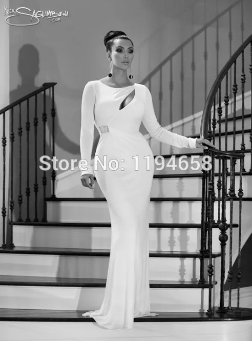 2014 Simple Mermaid White Chiffon Long Prom Dresses Scoop Sleeves Evening Dress Free Shipping F&ampM-1031 |