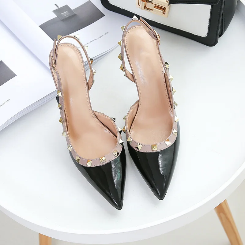 Black Shoes 6cm Женская обувь для вечеринок весенние туфли-лодочки на высоком каблуке с заклепками женские модельные туфли с острым носком без застежки на тонком каблуке обувь с ремешком сзади размера плюс DE - Цвет: Black Shoes 6cm