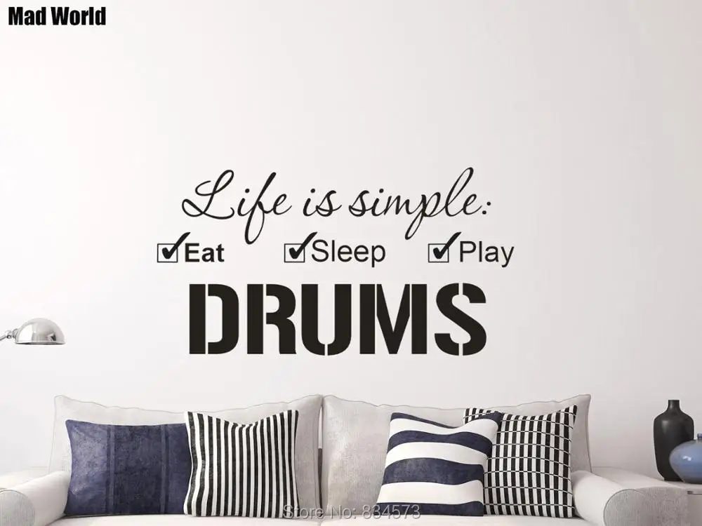 Настенные стикеры Mad World Life is simple Eat Sleep Play с барабаном настенные наклейки