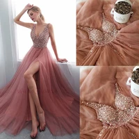 superkimjo beaded prom dresses long v neck elegant party dresses vestidos de festa dusty pink luxury prom gown vestidos de gala