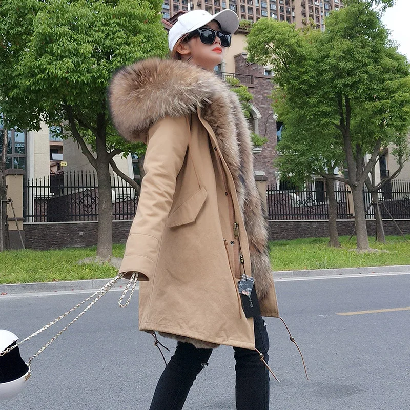 Длинные женские парки с мехом кролика Пальто мех лисы Зимний жакет Воротник