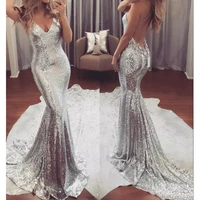 silver bling sequined mermaid prom dresses 2021 v neck spaghetti strap sexy backless formal evening dresses party gowns