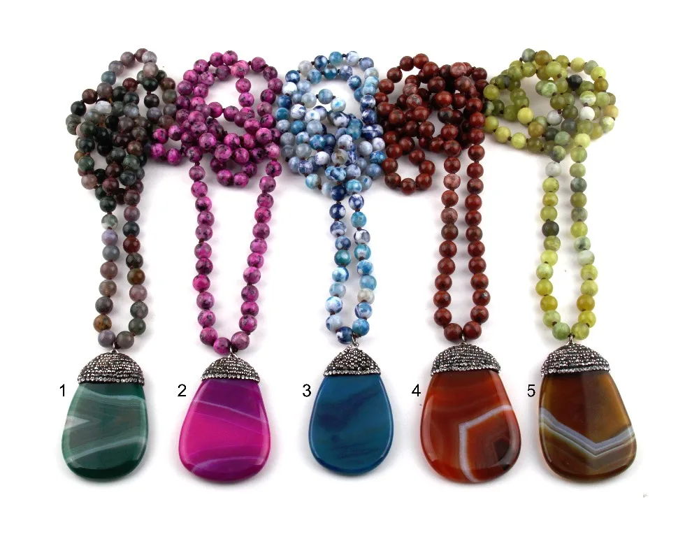 MOODPC Fashion Bohemian Jewelry Blue Stone Knotted Stone Crystal Pave Drop Pendant Women Necklace