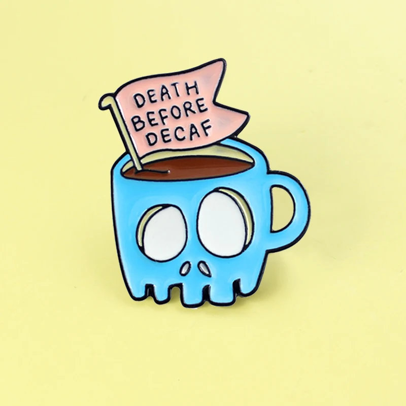Мультяшный синий череп кофейная чашка эмалированная брошь Death BEFORE decaf' Хэллоуин