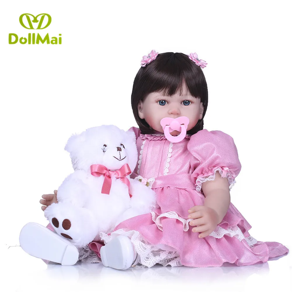 24'' 58cm Silicone Vinyl Reborn Baby Girl Realistic Alive Newborn Babies Doll Toddler For kids Xmas Gifts with bear | Игрушки и
