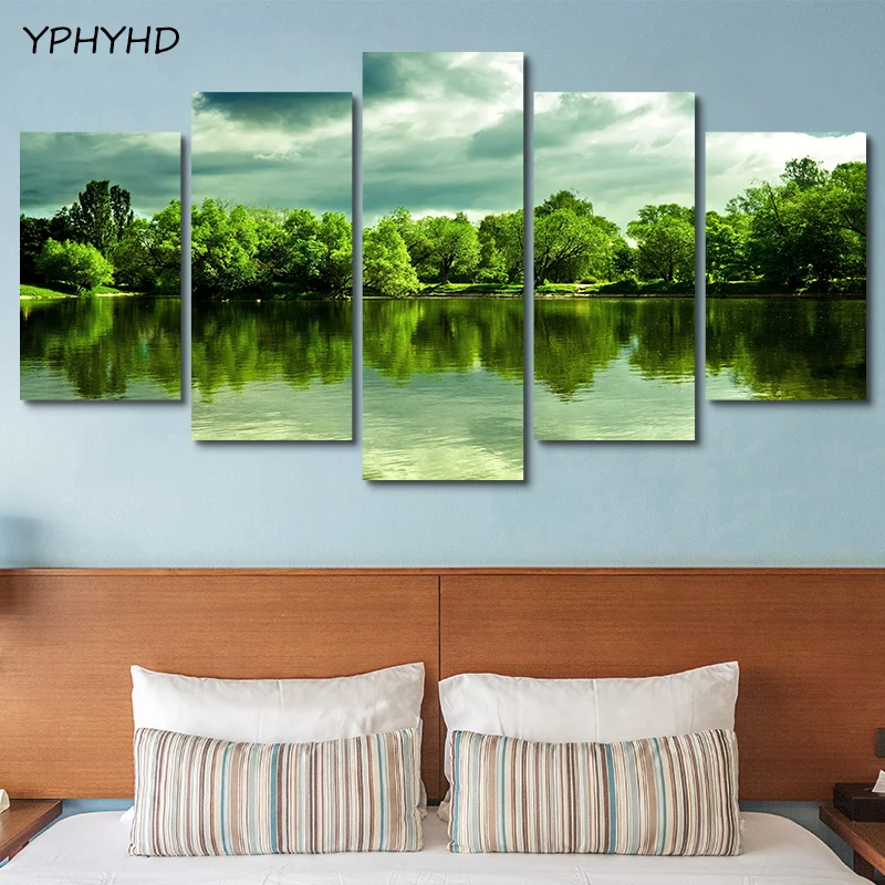 YPHYHD 5 шт. HD холст Художественная Живопись Печать Солнечный свет на берегу озера