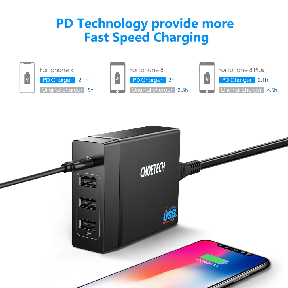 CHOETECH 72 Вт 4 порта usb type C настольная зарядная станция с питанием для iPhone X 8 Plus MacBook Pro зарядное устройство для мобильного телефона
