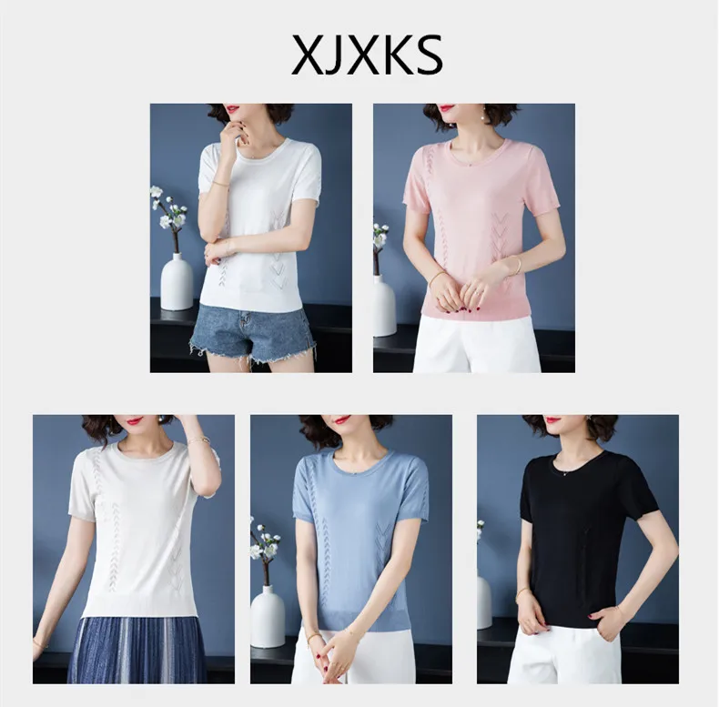 XJXKS, короткий рукав, топ,, вязаная, для молодых женщин, футболка, Femme, высокая эластичность, летние топы, повседневные, элегантные, для молодых женщин, футболки