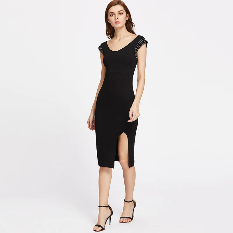 BornToGirl elegant sexy v neck split pencil dress women summer autumn slim backless hip package knee-length robe femme | Женская одежда