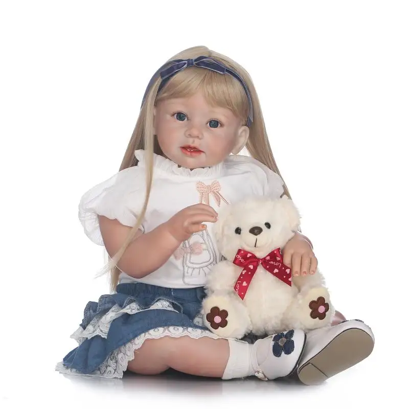 

28 Inch blonde blues eyes Reborn Alive Girl Doll soft Silicone Real Princess Baby Doll For Kids Gifts with real baby clothes