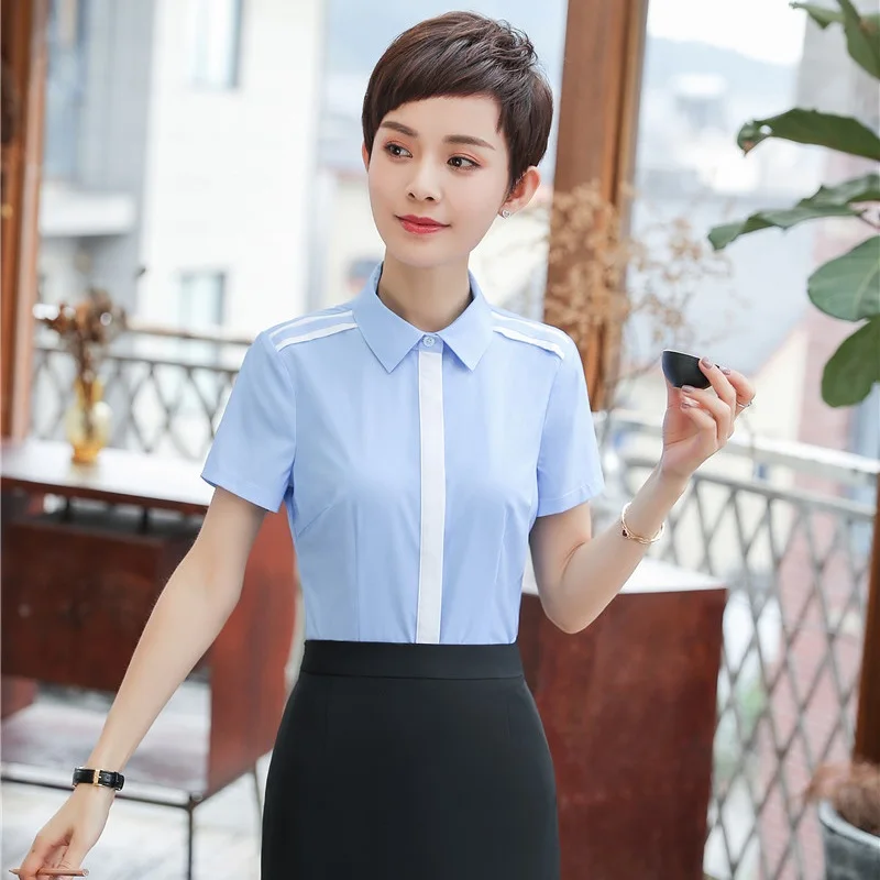 Летние женские блузки и рубашки с коротким рукавом Синяя Женская рабочая одежда