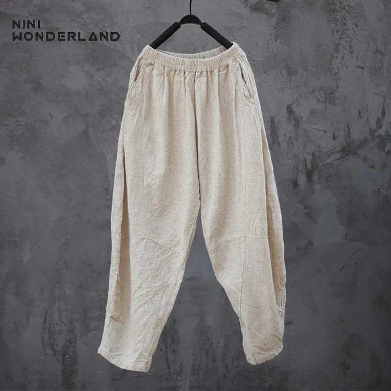 NINI WONDERLAND весенние штаны для женщин винтажные повседневные свободные льняные брюки осенние штаны-шаровары с эластичной талией женские брюки