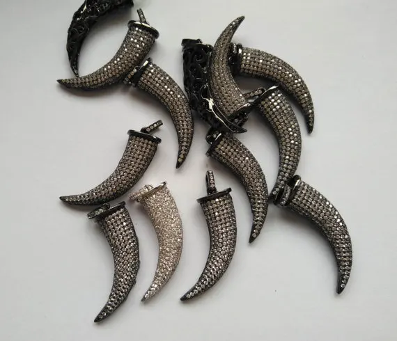 

Free ship--6pcs 38mm Bling pave CZ Micro Pave Horn Pendant Spikes White silver Gunmetal Jewelry Finding