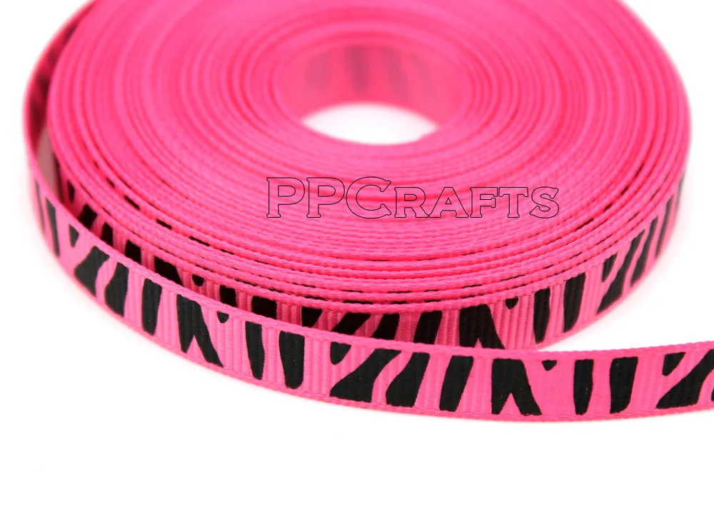 Корсажная лента 3/8 дюйма 10 мм ярко розового цвета с принтом черных зебр
