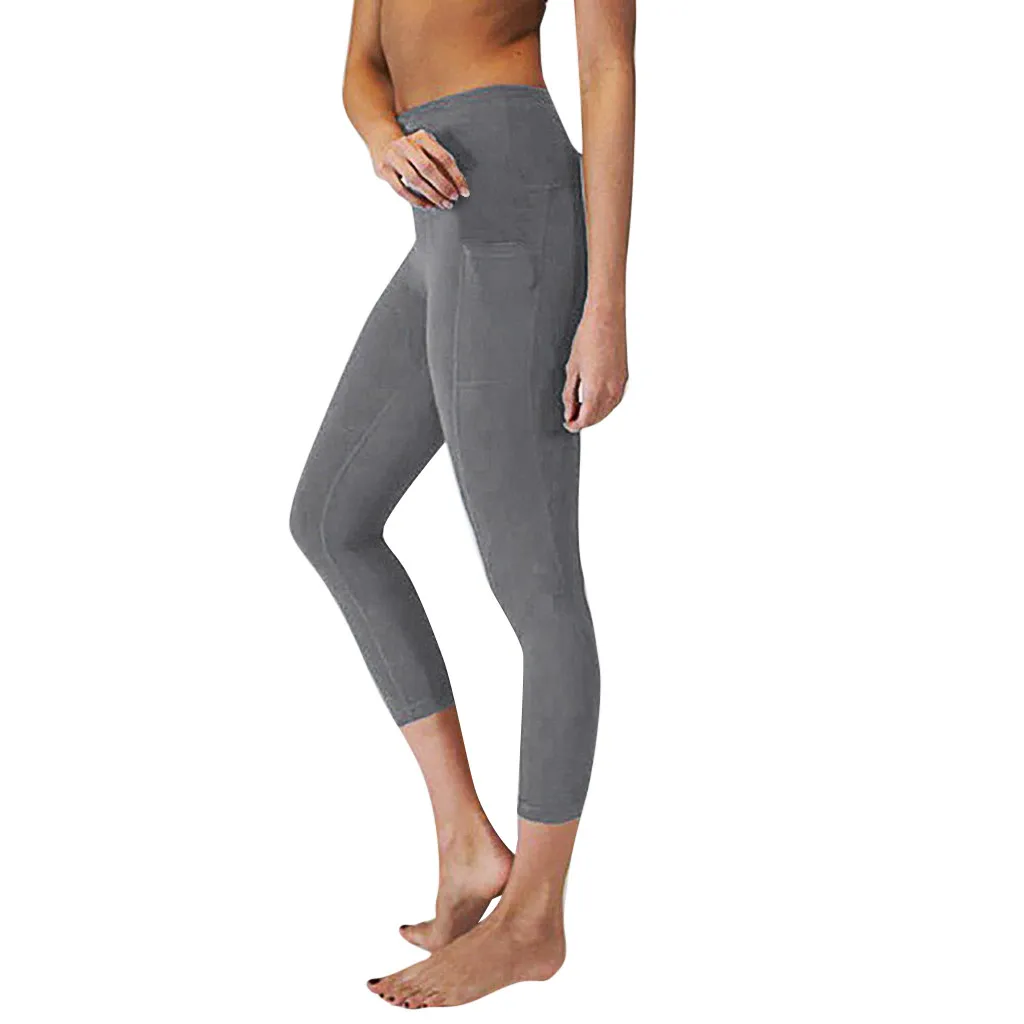Женские однотонные штаны для йоги с высокой талией леггинсы карманами и пуш-ап