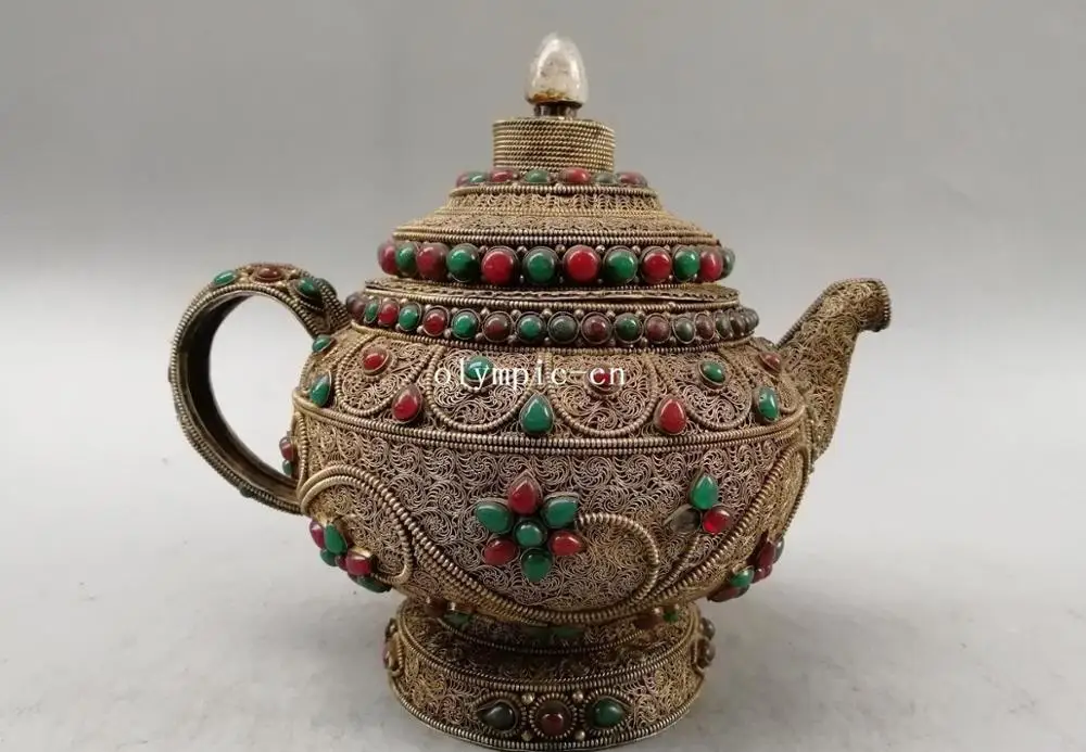 

8'' Nepal silver filigree flowers plants inlay green red gemstone buddhism Pot