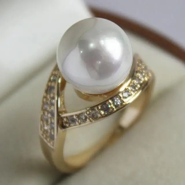 Благородный женский 18KGP с украшением из кристаллов и 12 мм кольцо белым жемчугом (#7