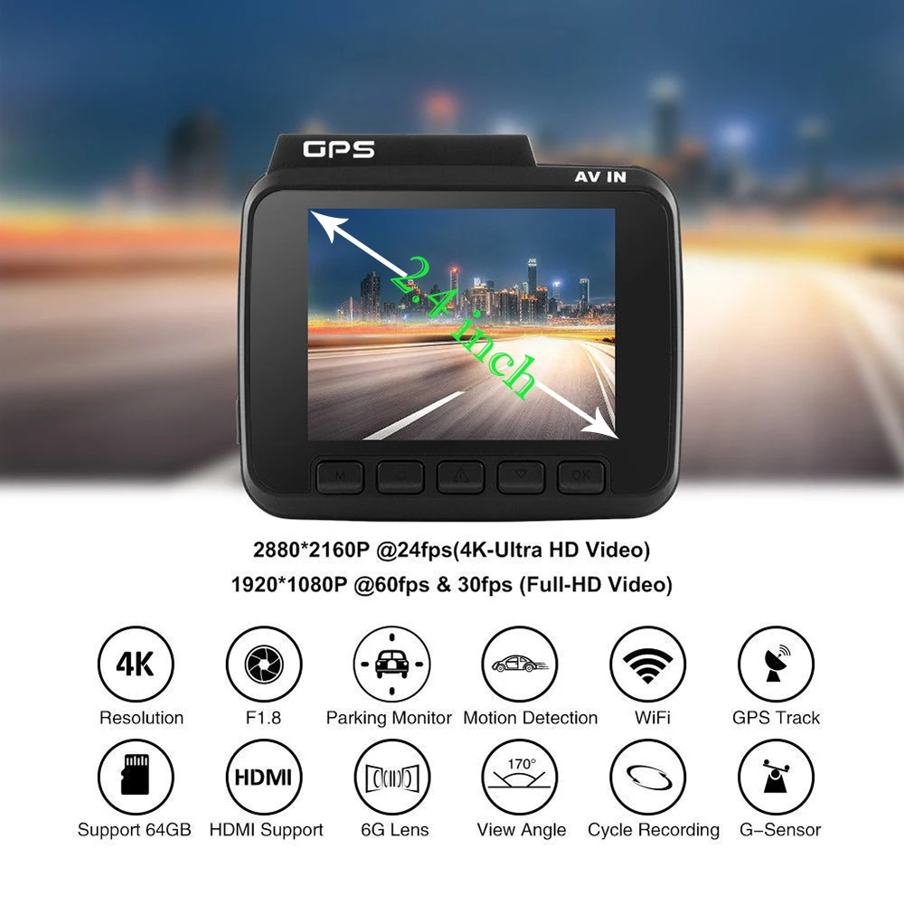 4K тахограф Встроенный GPS Dashcam Видеорегистраторы для автомобилей HD 1080P спереди + VGA
