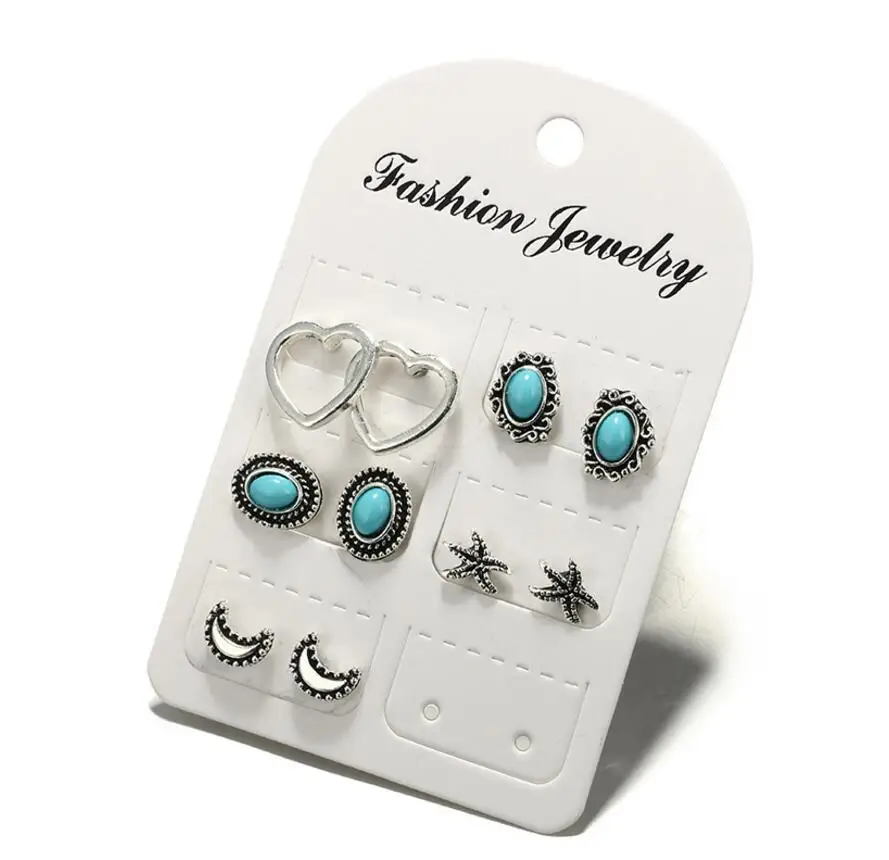 Vinatge Brincos Starfish moon stars серьги-гвоздики 5 пар/компл. Бохо античный цветок кристалл