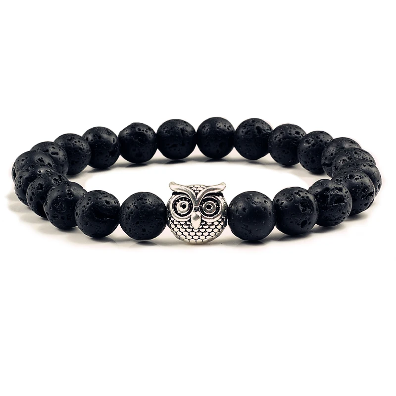 

Classic Natural Stone Men Bracelet Matte Black Lava Volcanic Beads Charm Owl Strand Bracelets Women Prayer Jewelry