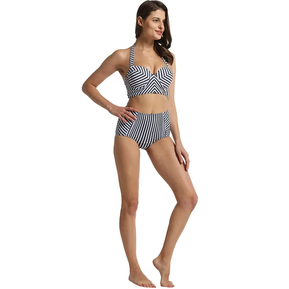 megartico women Bikini 2019 high waist retro black white stripe print two pieces swimsuit push up halter ladies bathing suit | Спорт и