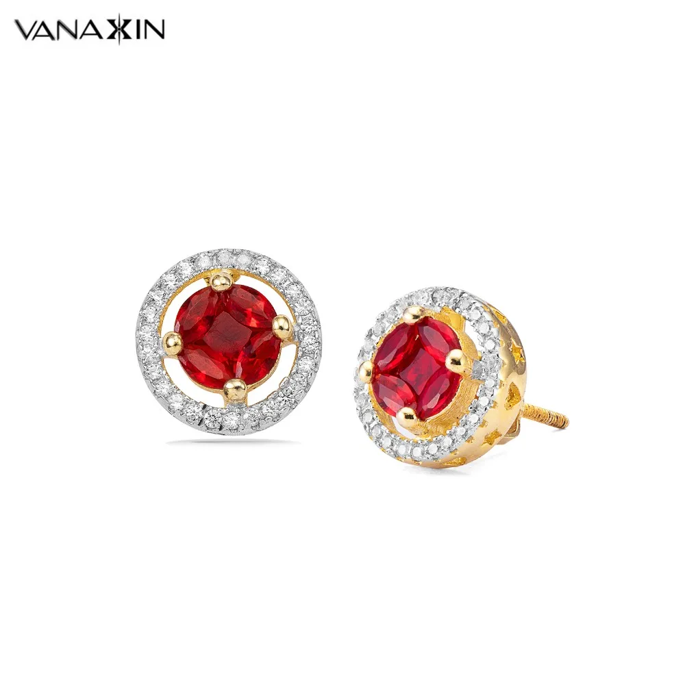 VANAXIN 925 Sterling Silver Women Hip Hop Gold Color Earring Iced Out Bling Rhinestone Red Blue Green Gem Crystal Stud Earrings