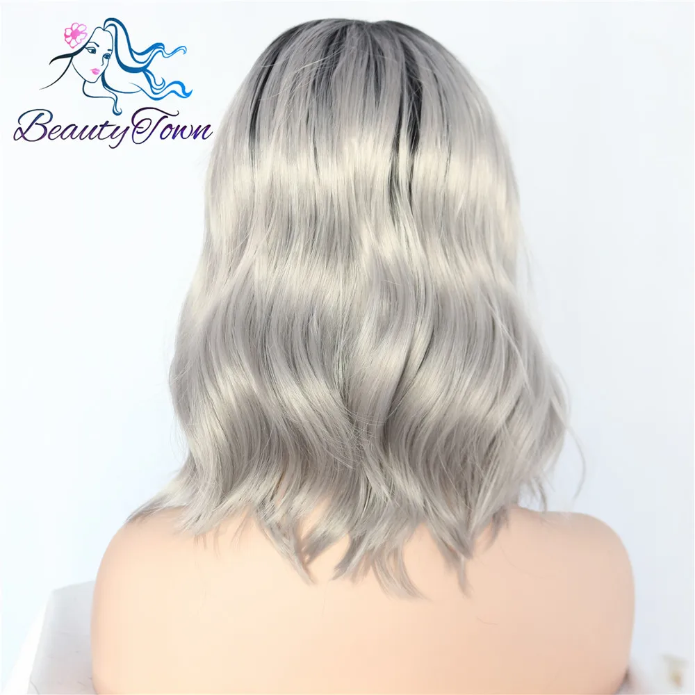 BeautyTown короткий Тип Черный Омбре серый Glueless ручная вязка большая часть шнурка термостойкие ежедневный макияж Синтетические Кружева передние парики