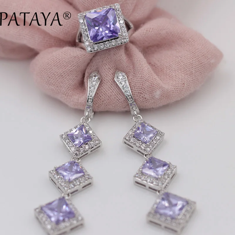 Серьги и кольцо PATAYA женские Длинные Зеленые квадратные бриллиантовые комплекты