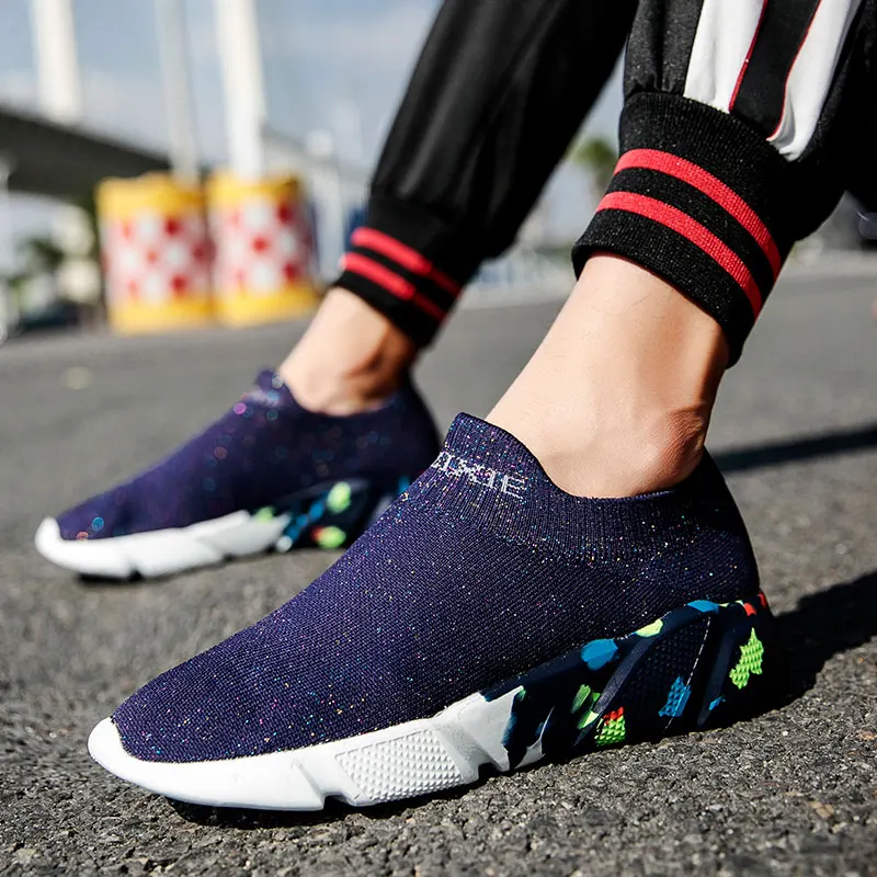 Синий MWY/женские носки из эластичной ткани; zapatillas mujer Deportiva; мужские и женские низкие кроссовки; повседневные прогулочные туфли на плоской подошве; не скользящие кроссовки - Цвет: Синий