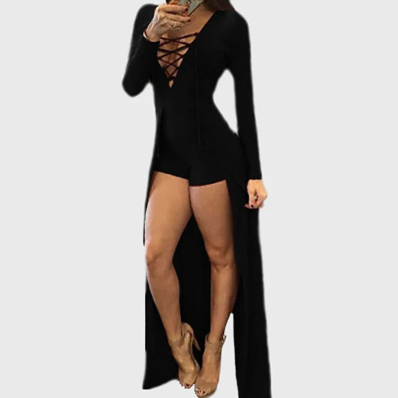 Женский комбинезон с длинным рукавом летний Облегающий на шнуровке длинный