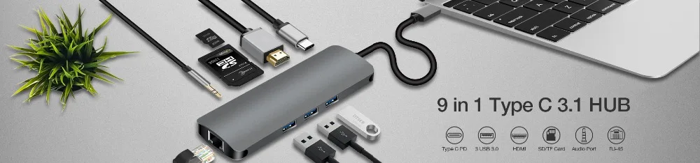 DZLST USB C 3,1 концентратор для Ethernet LAN HDMI 4K SD/TF кардридер USB 3,0 PD комбинированный концентратор разветвитель для Macbook Pro samsung S9/S8/S8