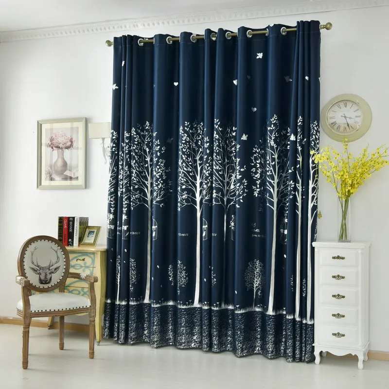 

Navy Plant Blackout Curtain For Bedroom Living Room Kitchen Silvery Tree Printed Drape For kids' Window Treatment White tulle
