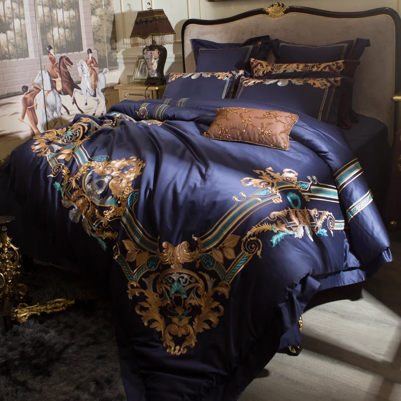 

Luxury Blue Red European Gold Royal Embroidery 120S/1000TC Egyptian Cotton Palace Bedding Set Duvet Cover Bed sheet Pillowcases