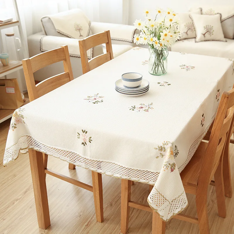 

Europe Flowers Tablecloth White Hollow Embroidered Lace Cotton Linen Dining Table Cloth Wedding Banquet TV Cabinet Cover Cloth