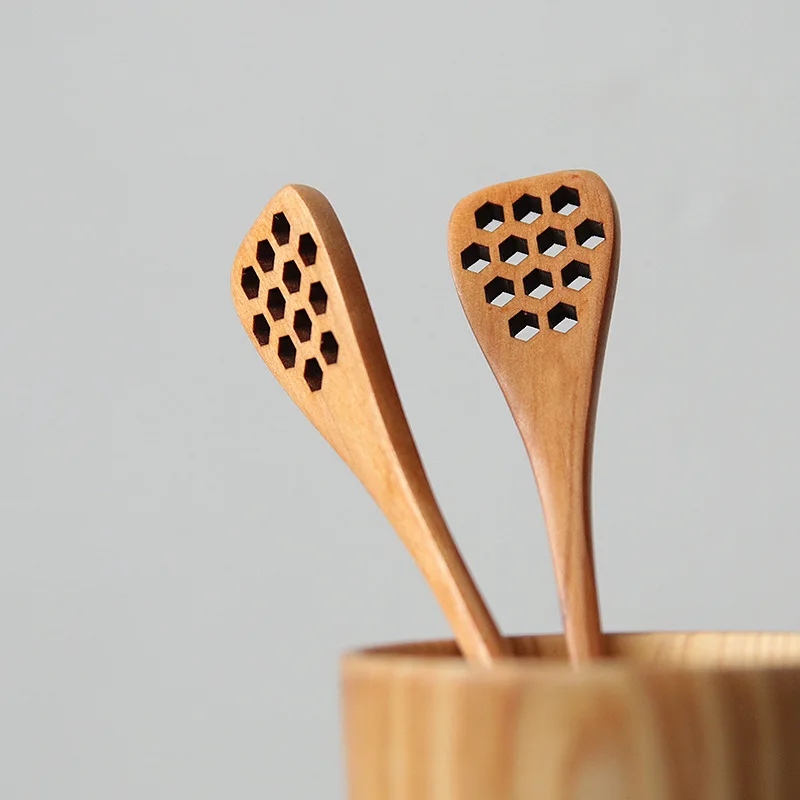 

New 2Pcs/Set Wooden Honey Spoon Creative Honeycomb Shape Ladle Honey Sticks Long Handle Honey Dipper Coffee Stirrer Wooden Spoon