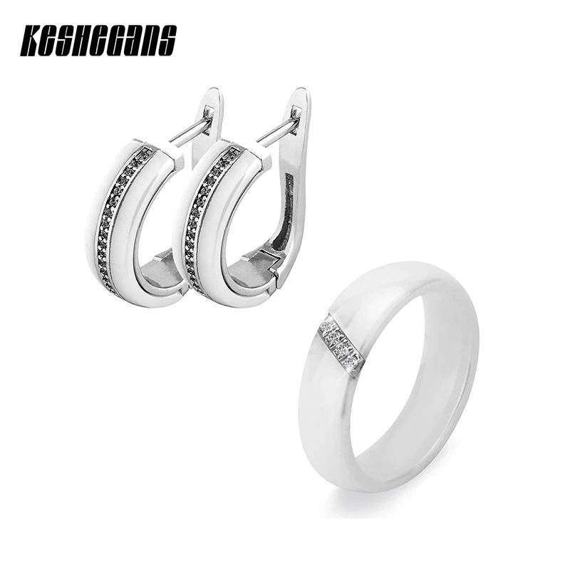 Женский комплект керамических украшений кольцо и сережки из черного белого