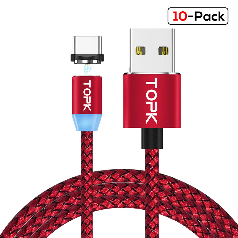 TOPK [10 шт] светодиодный магнитный кабель Тип usb C USB кабель с нейлоновой оплеткой Тип-C кабель для samsung S9 Note 9 huawei P20 Lite Xiaomi Mi8 usb C - Цвет: 10 x Red